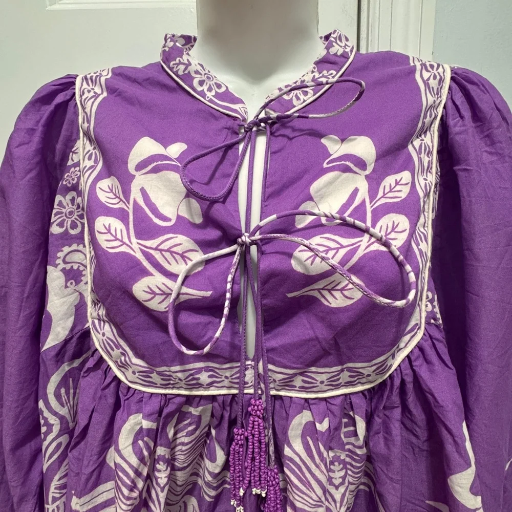FARM Rio Purple white sweet garden top Tie Front Blouse size medium